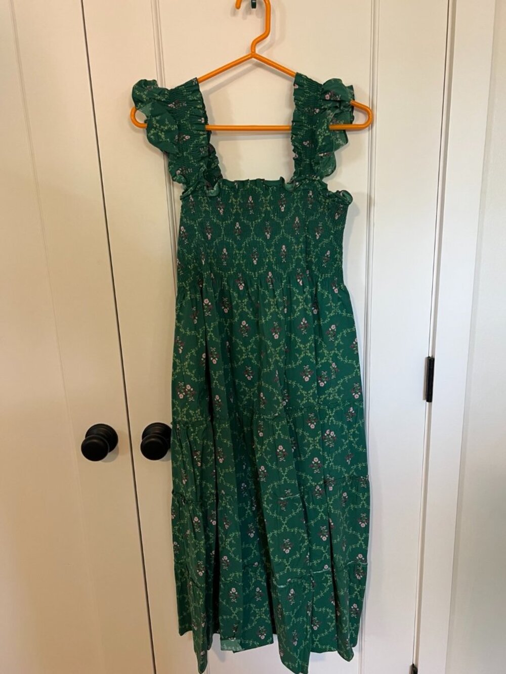 Hill House Home Ellie Nap Dress Green Floral Smocked Maxi Dress Size S
